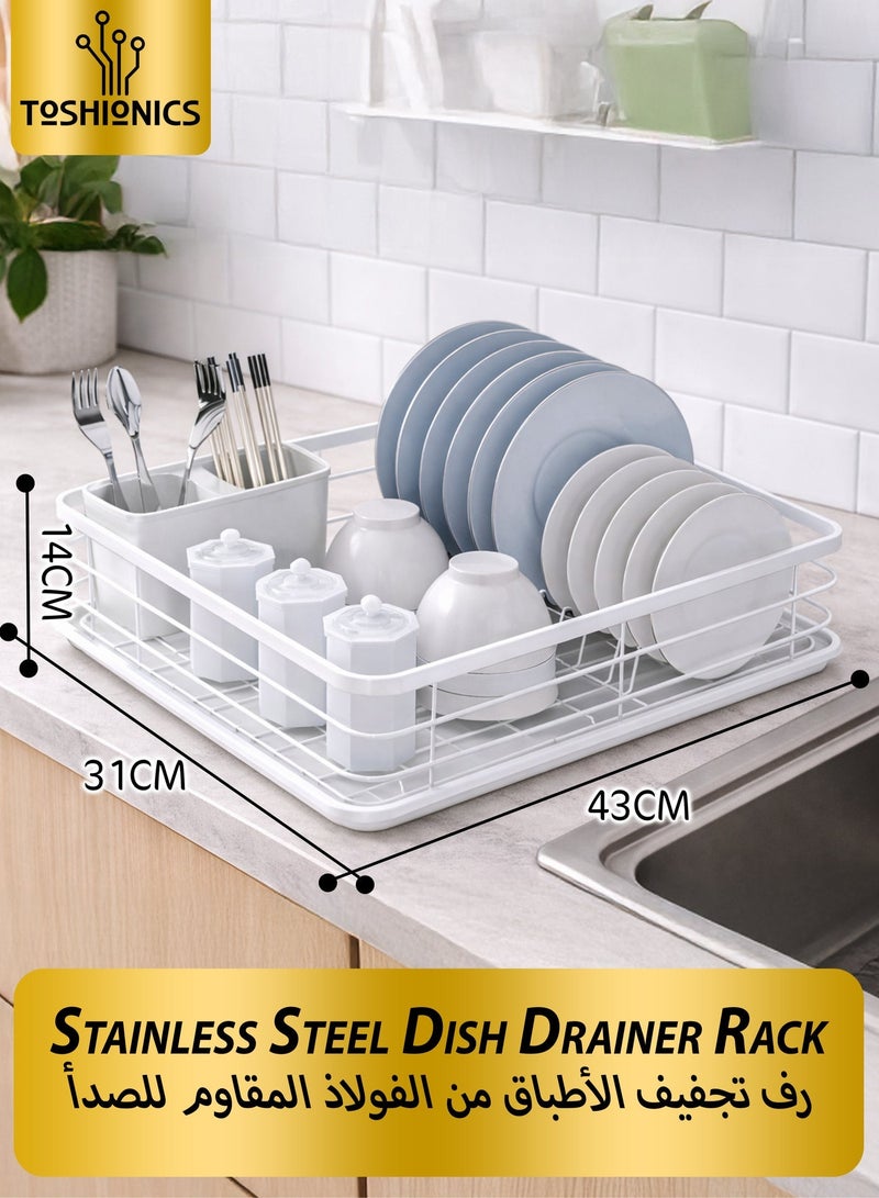 توشيونيكس رف تجفيف أطباق ذو طبقة واحدة مع صينية تصريف وحامل أدوات (T114611) - مصنوع من سلك حديدي مقاوم للصدأ وفولاذ كربوني، رف تجفيف موفر للمساحة يُوضع على سطح الطاولة للأطباق والأوعية والأكواب وأدوات المائدة - أبيض 43×31×14 سم - Image 2